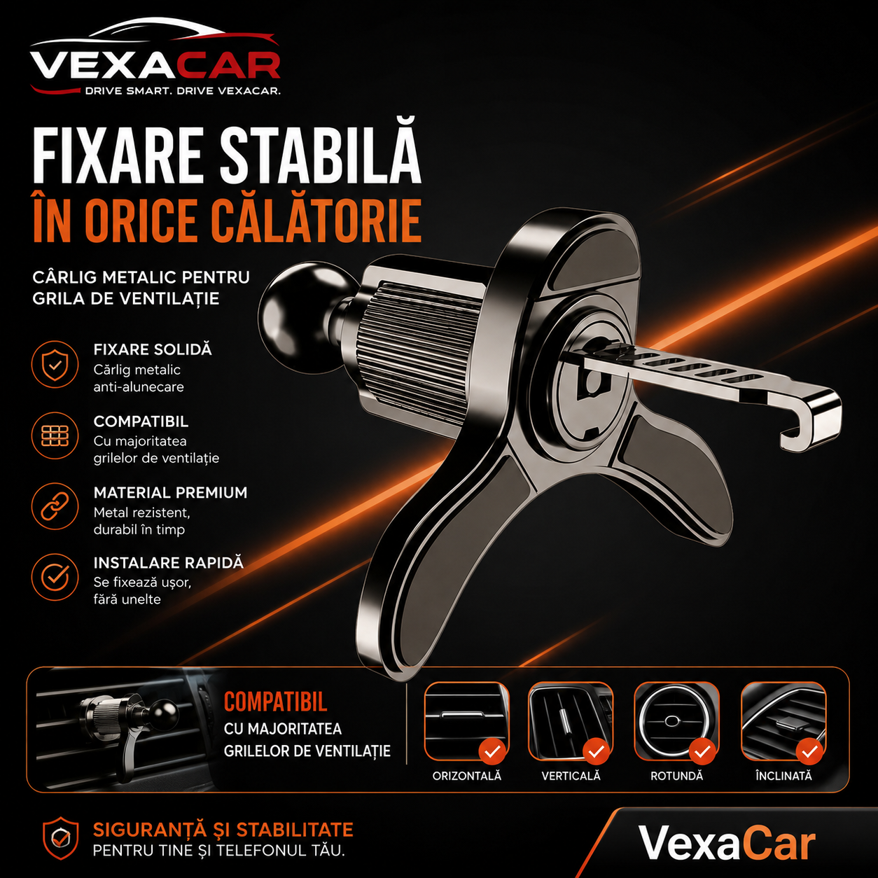 Suport Telefon Auto Premium pentru Grila de Ventilație | Rotire 360°