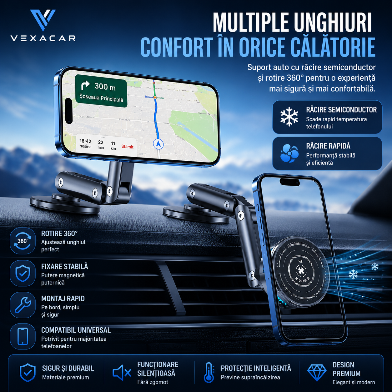 Suport Telefon Auto cu Răcire și Rotire 360° | VexaCar