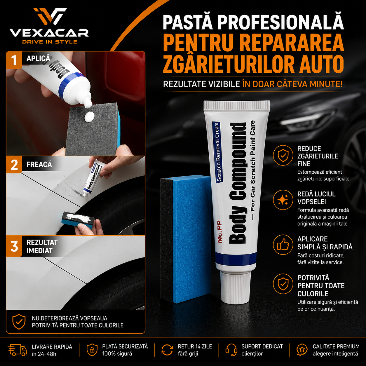 Pastă pentru Repararea Zgârieturilor Auto | VexaCar ⭐