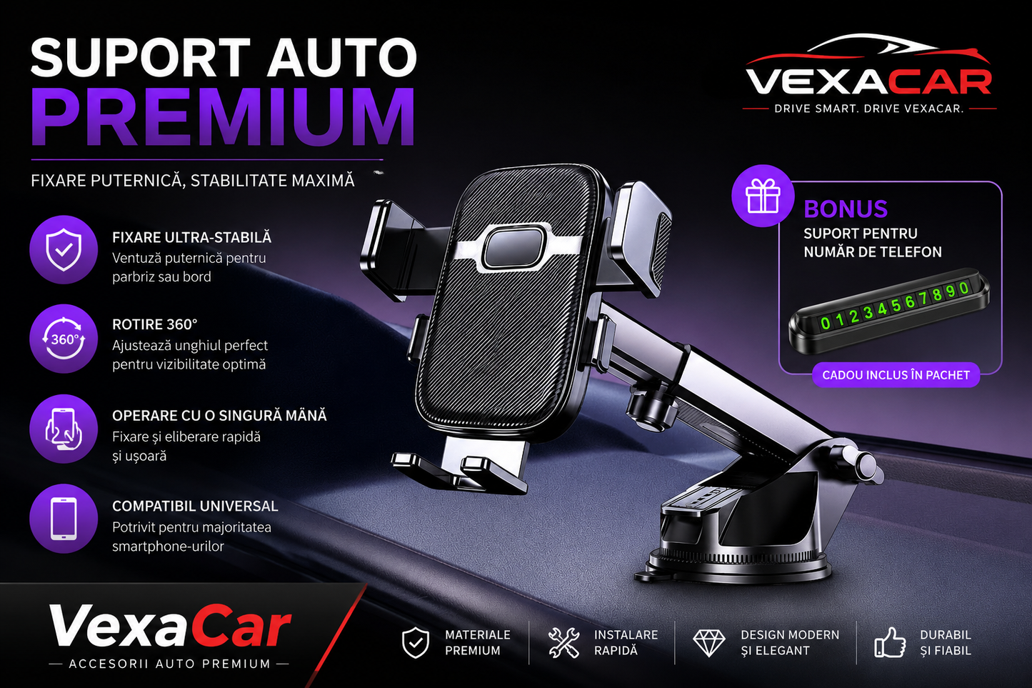 Suport Telefon Auto Premium pentru Grila de Ventilație | Rotire 360°
