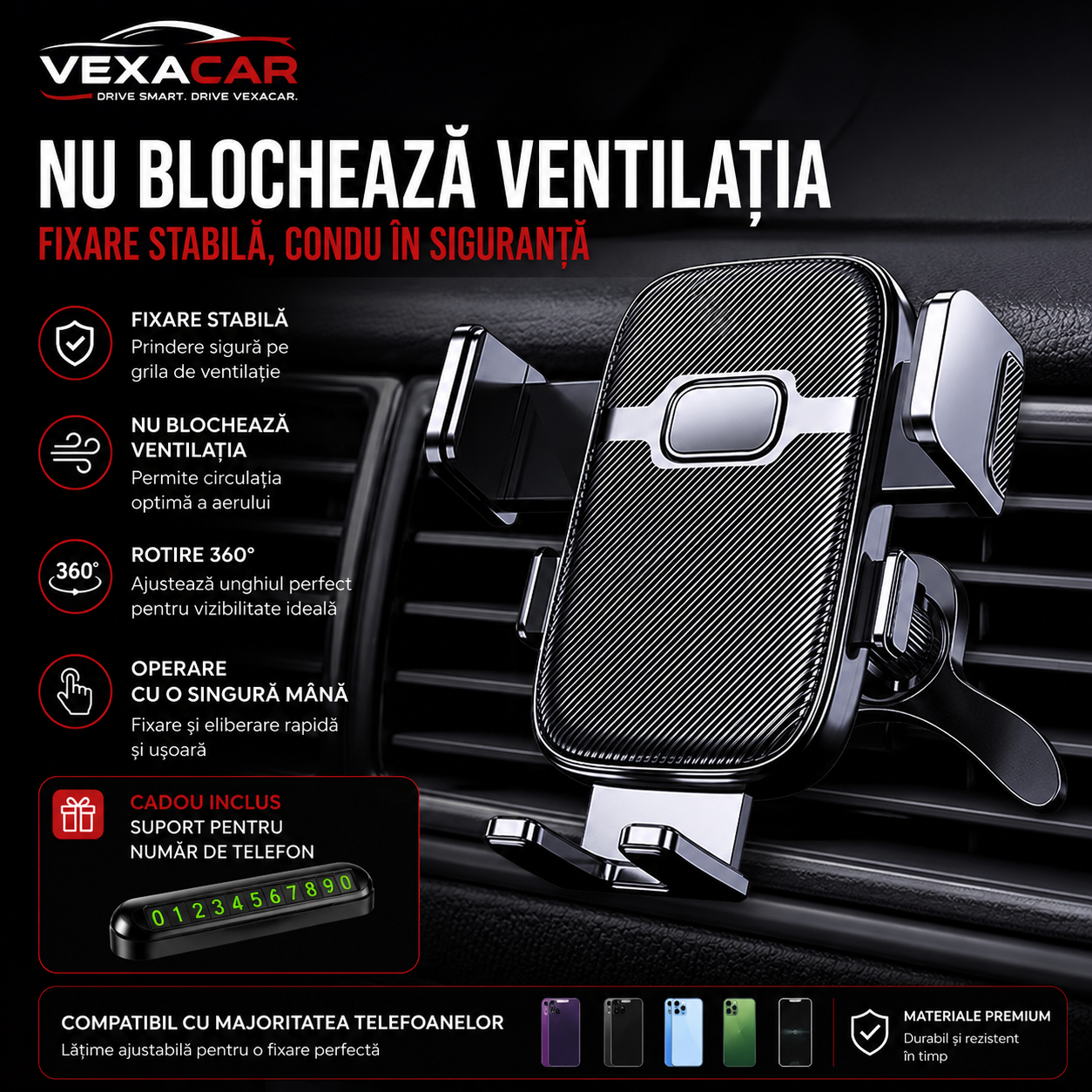 Suport Telefon Auto Premium pentru Grila de Ventilație | Rotire 360°