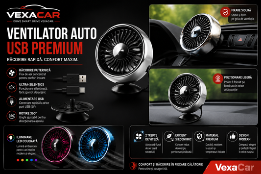 Mini ventilator auto pentru grila aerului – răcire rapidă, RGB, USB