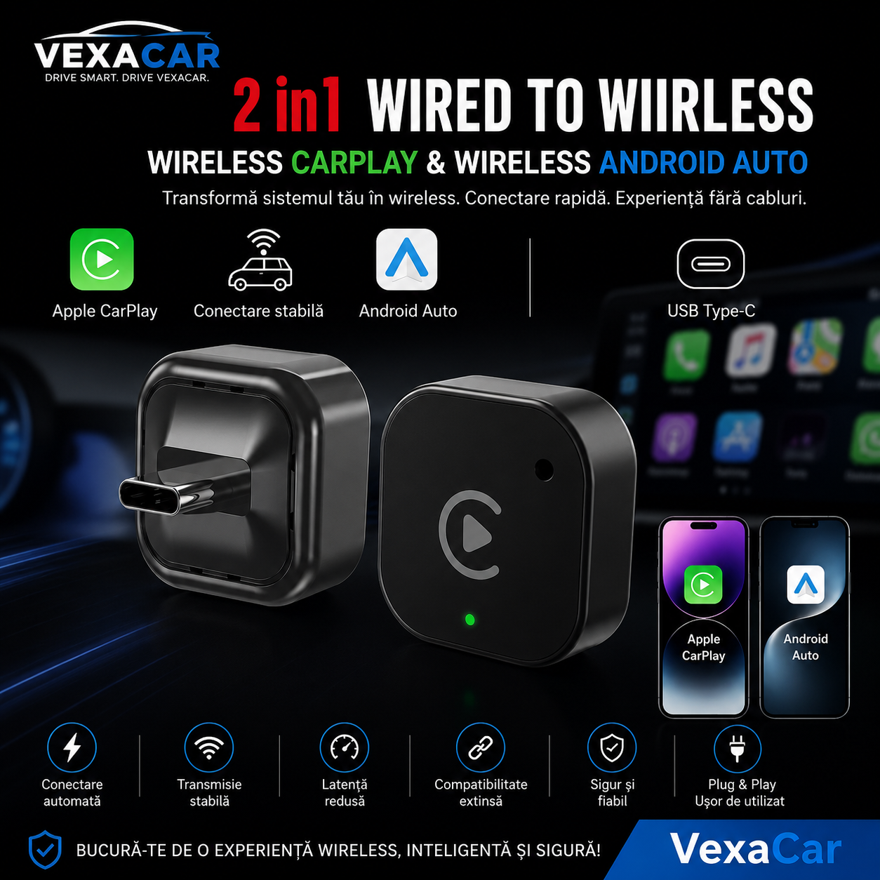 Adaptor Wireless CarPlay & Android Auto – Conectare Fără Fir, Plug & Play