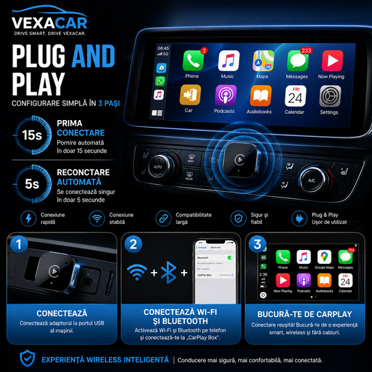 Adaptor Wireless CarPlay & Android Auto – Conectare Fără Fir, Plug & Play