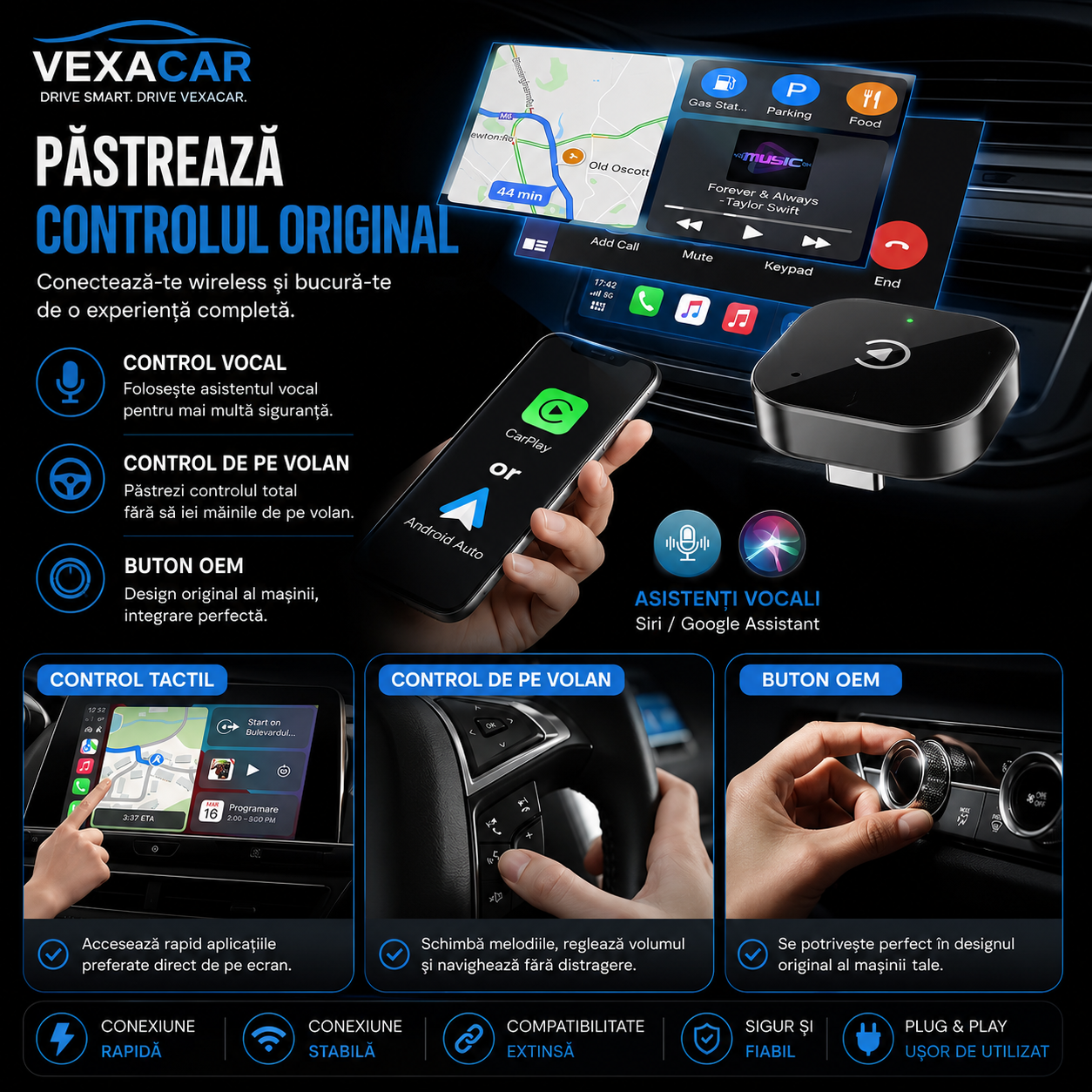 Adaptor Wireless CarPlay & Android Auto – Conectare Fără Fir, Plug & Play