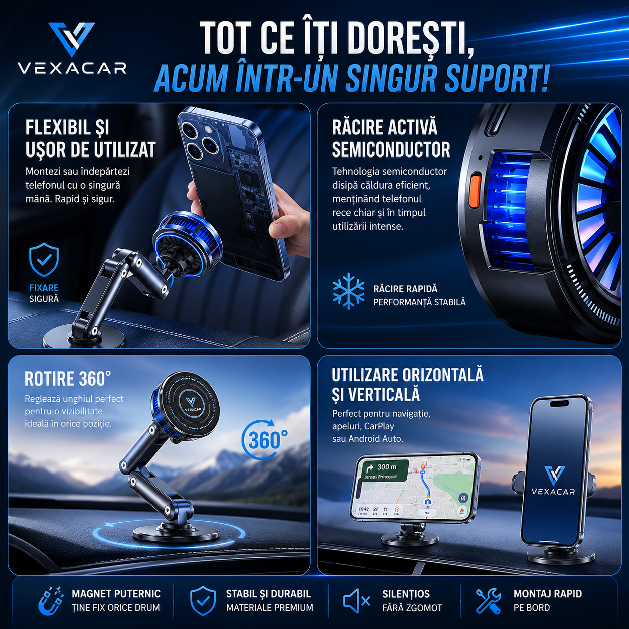 Suport Telefon Auto cu Răcire și Rotire 360° | VexaCar