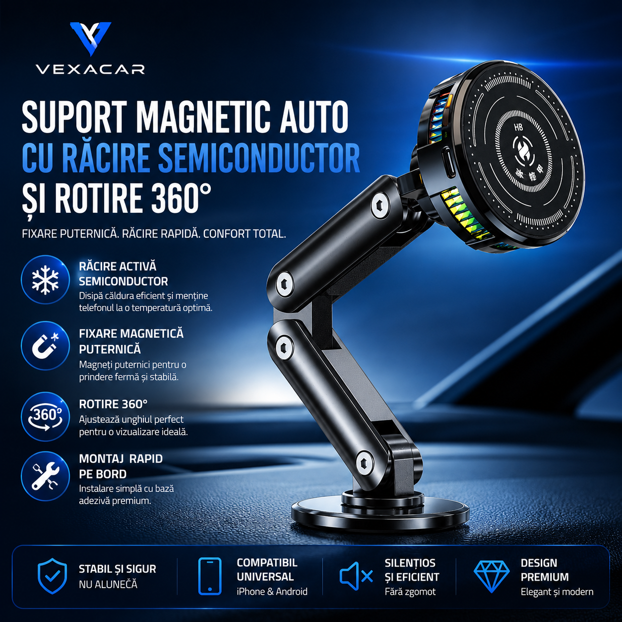 Suport Telefon Auto cu Răcire și Rotire 360° | VexaCar