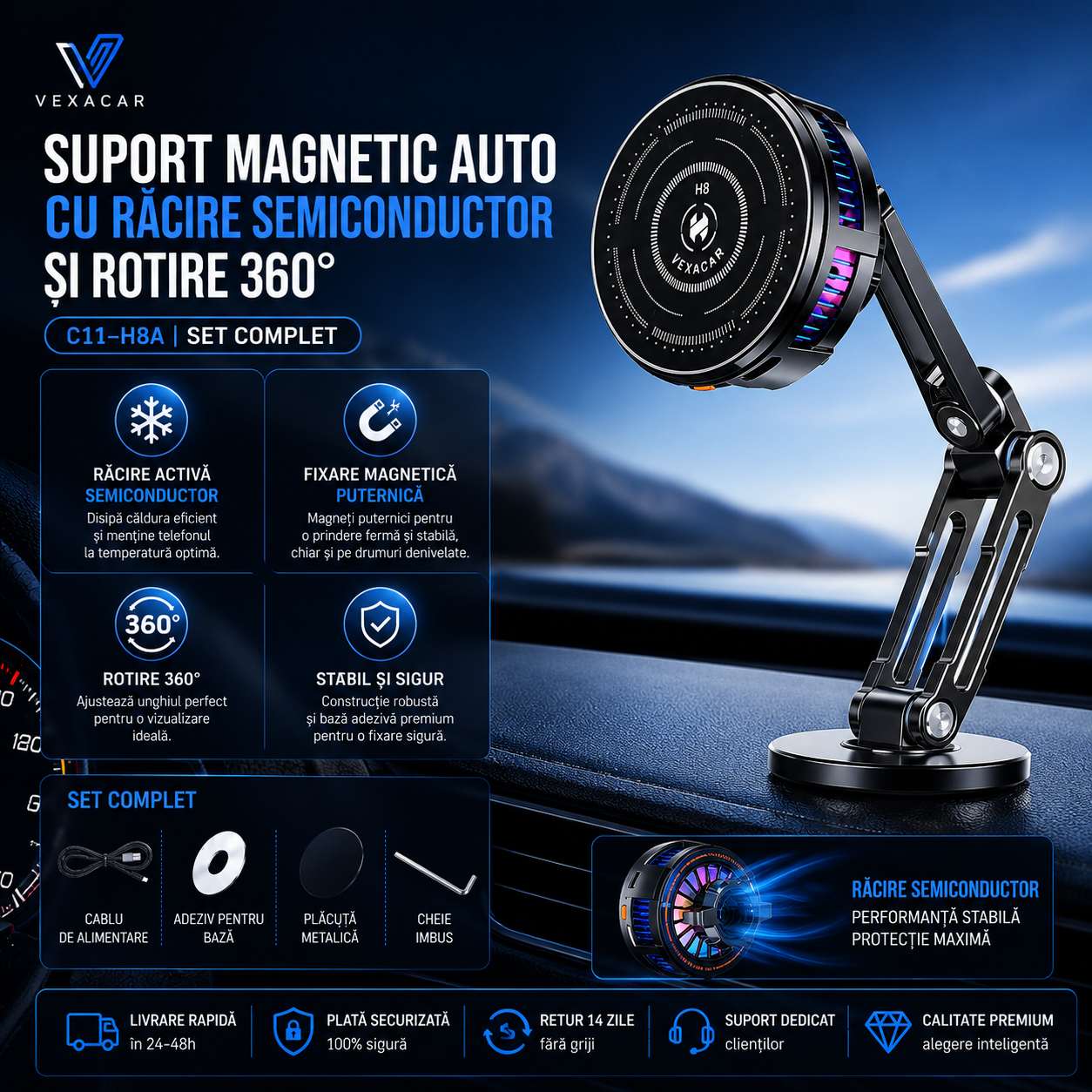 Suport Telefon Auto cu Răcire și Rotire 360° | VexaCar