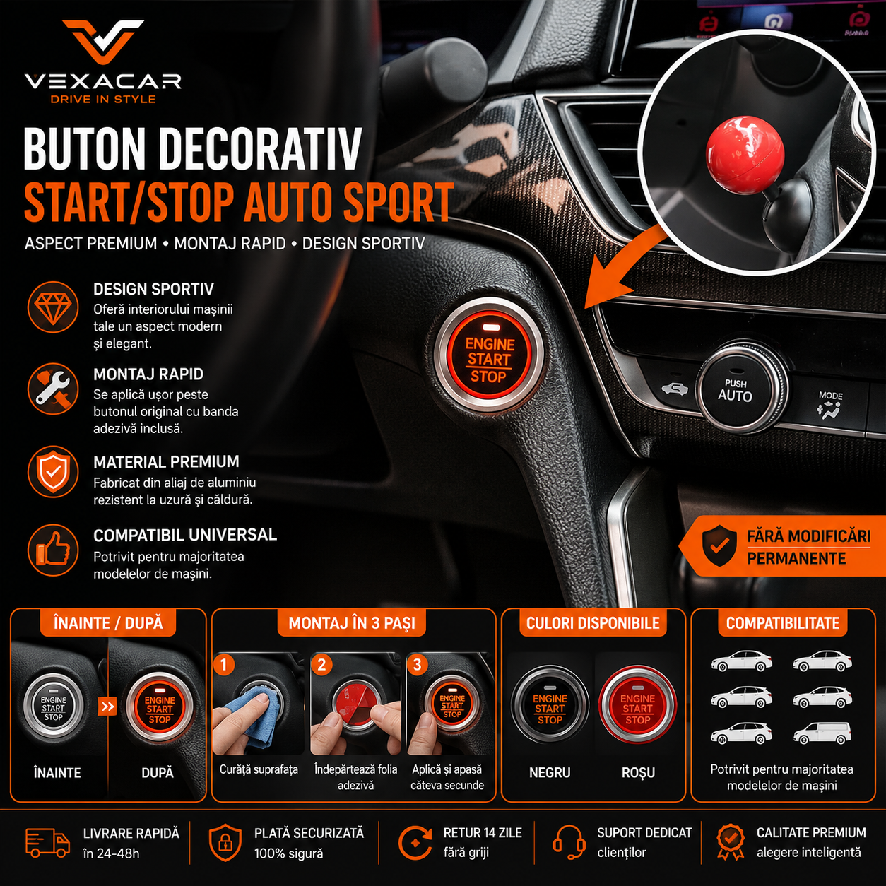 Buton Start/Stop Auto – Accesoriu Pornire Motor | Design Sportiv