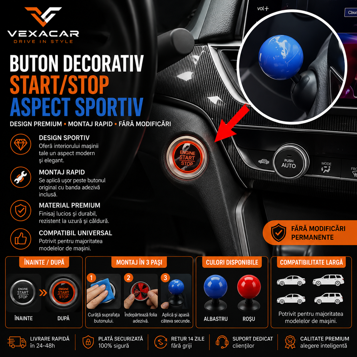 Buton Start/Stop Auto – Accesoriu Pornire Motor | Design Sportiv