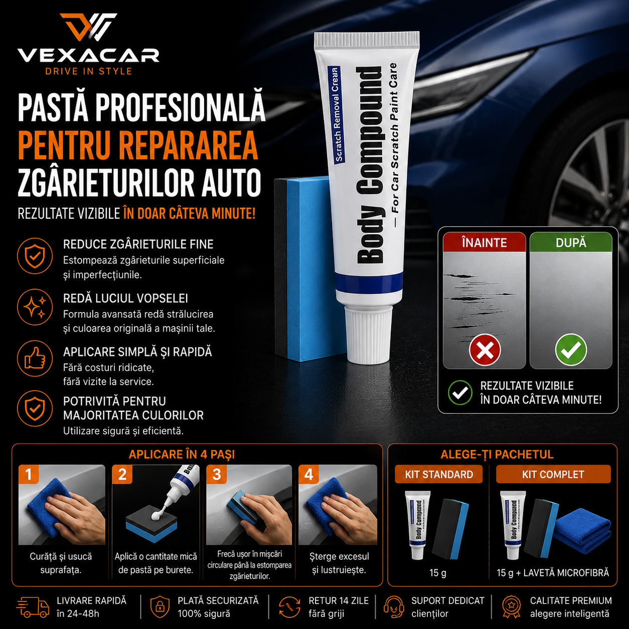 Pastă pentru Repararea Zgârieturilor Auto | VexaCar ⭐