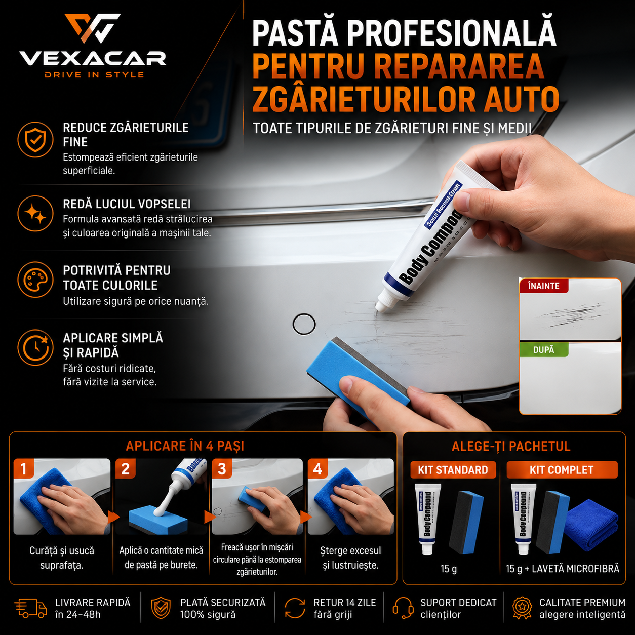 Pastă pentru Repararea Zgârieturilor Auto | VexaCar ⭐